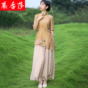 夏季汉服中国风禅服女复古禅意茶艺服改良不规则旗袍上衣中式套装