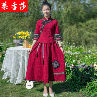 夏季汉服中国风大码女装中式唐装改良旗袍棉麻上衣绣花茶服两件套