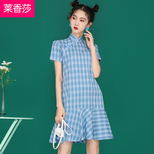 格子旗袍年轻款少女中国风日常可穿小个子学生改良版短款连衣裙夏