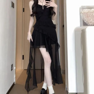 黑色不规则连衣裙吊带夏季新款网纱设计感小众吊带裙黑色开衫套装