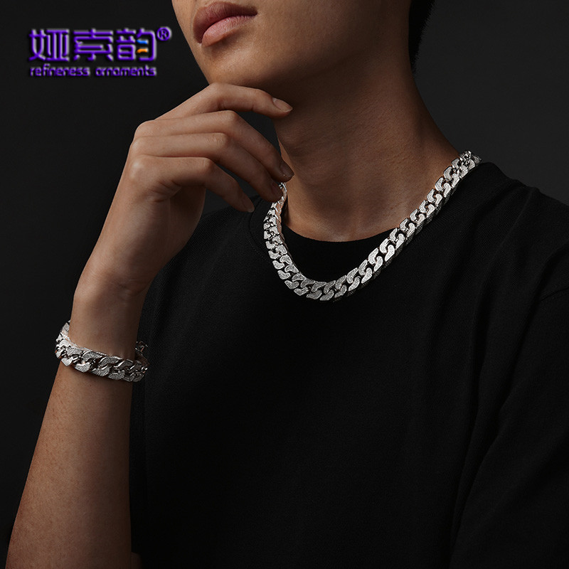 娅索韵925纯银古巴项链男士嘻哈奢侈品小众霸气闪耀宽链条粗款
