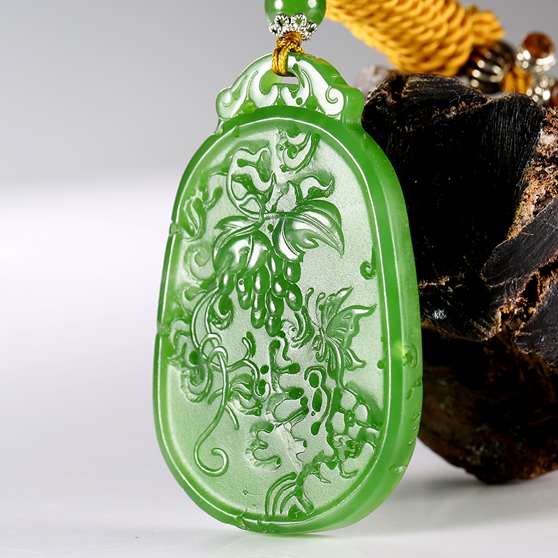 和田玉碧玉老坑料 阳绿 冰底 【花开富贵】挂件 29.137克