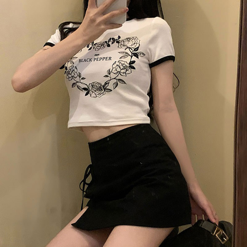 ins超火辣妹白色短款t恤女夏韩版显瘦chic欧美高腰露脐短袖上衣服