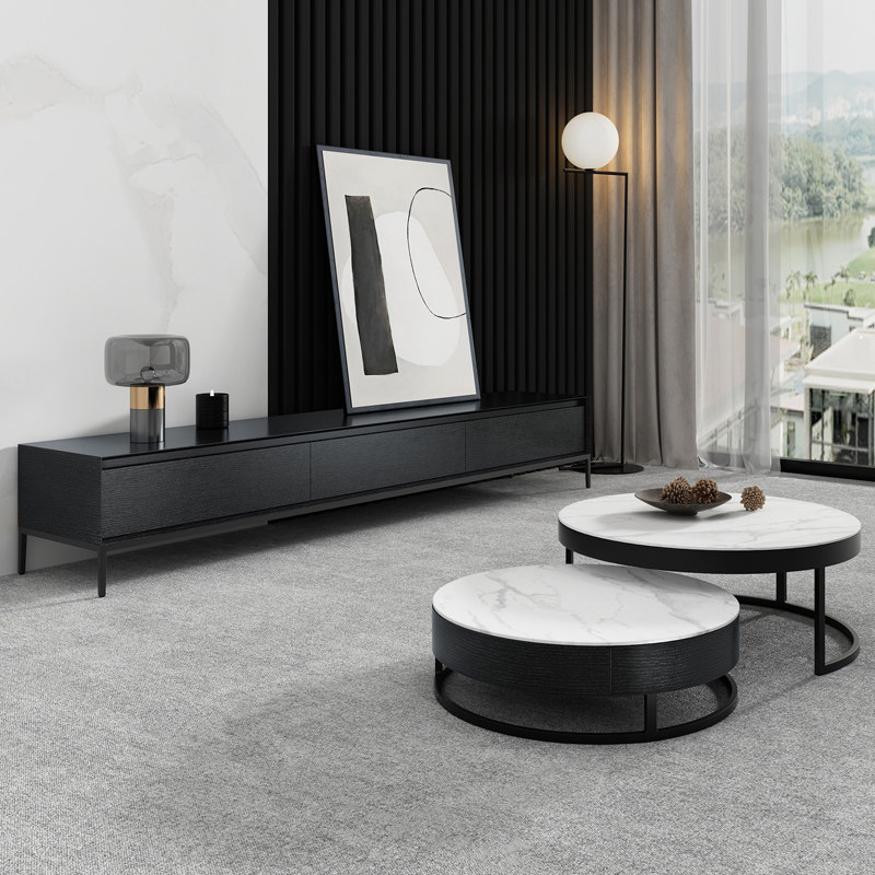 意式极简岩板圆形茶几电视柜组合大理石小户型客厅桌家用现代简约
