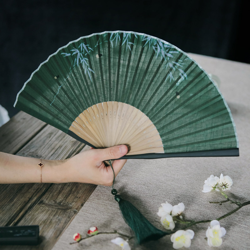 日式竹叶扇夏日荧火虫古风男扇温客行墨绿色扇子搭配汉服便携折扇