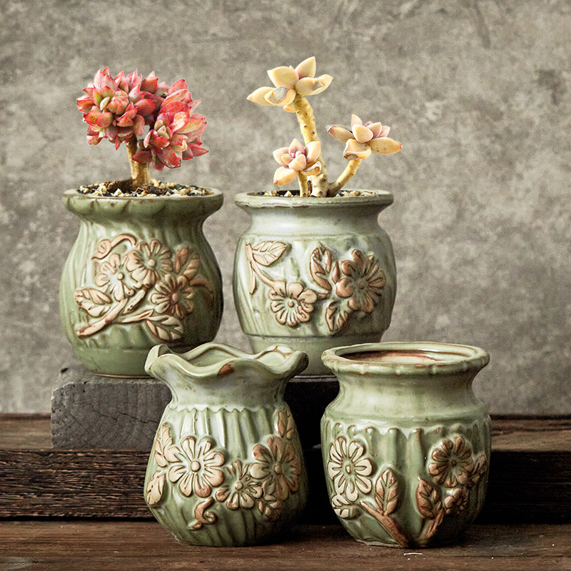 经典老桩k色浮雕花韩式个性创意简约型花盆粗陶透气吸水多肉花盆