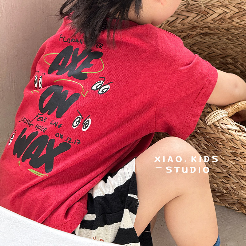 杨梅红~儿童夏季薄款纯棉短袖T恤男童女童简约字母圆领半袖上衣