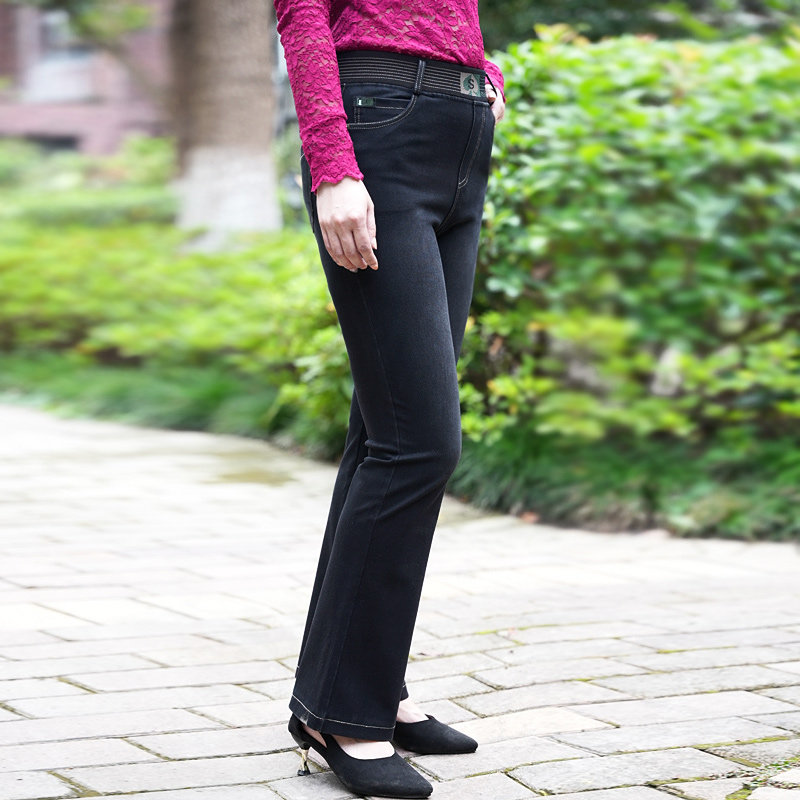 五十岁妈妈牛仔裤春秋长裤微喇叭裤子高腰中年女裤弹力直筒裤松紧
