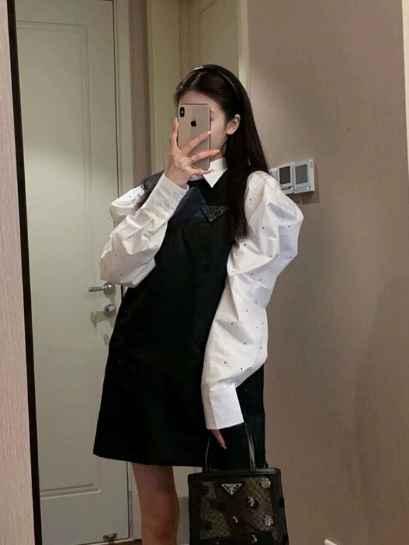 黑色短款背心裙女春秋韩版学院风高级感翻领衬衫无袖连衣裙两件套