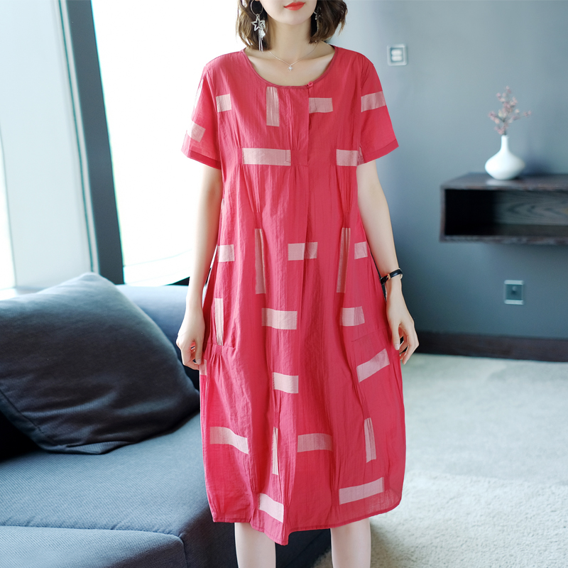 复古连衣裙女2018新款夏天欧美女装休闲宽松气质圆领中丝麻中长裙