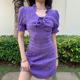 KLIOU法式复古连衣裙胸前系带v领显瘦小心机紫色裙子气质收腰短裙