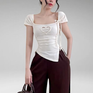 KLIOU 独特别致爱心镂空系带短袖T恤女设计感褶皱显瘦不规则上衣