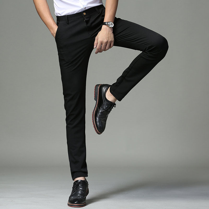 秋鼕厚款男士休閑褲商務西褲青年西裝褲子加絨修身小腳黑色工作褲