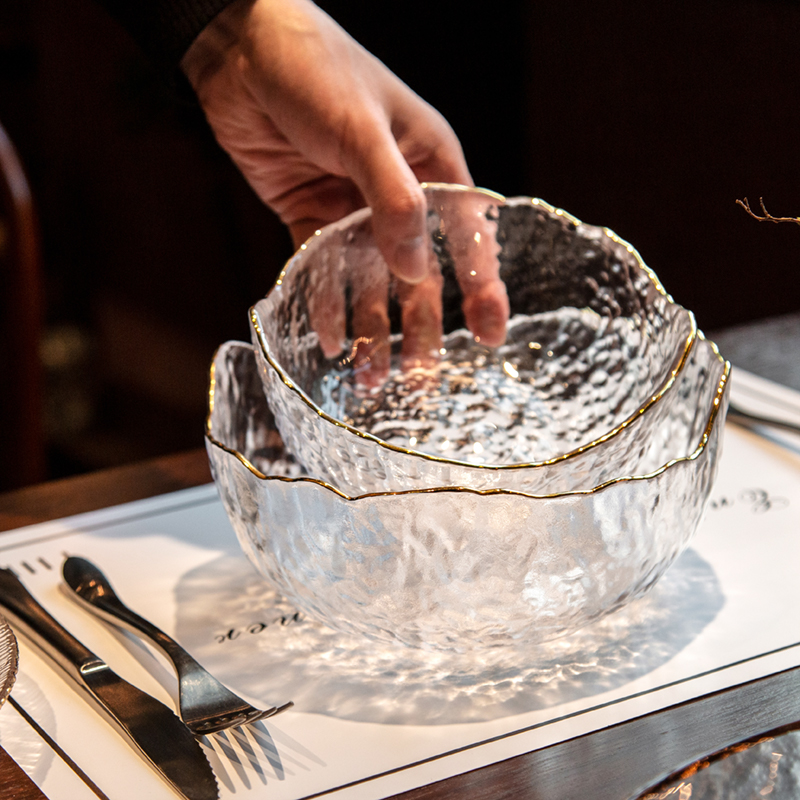 6111日式金边水果沙拉碗玻璃碗套装家用冰川创意北欧风盘碟餐具