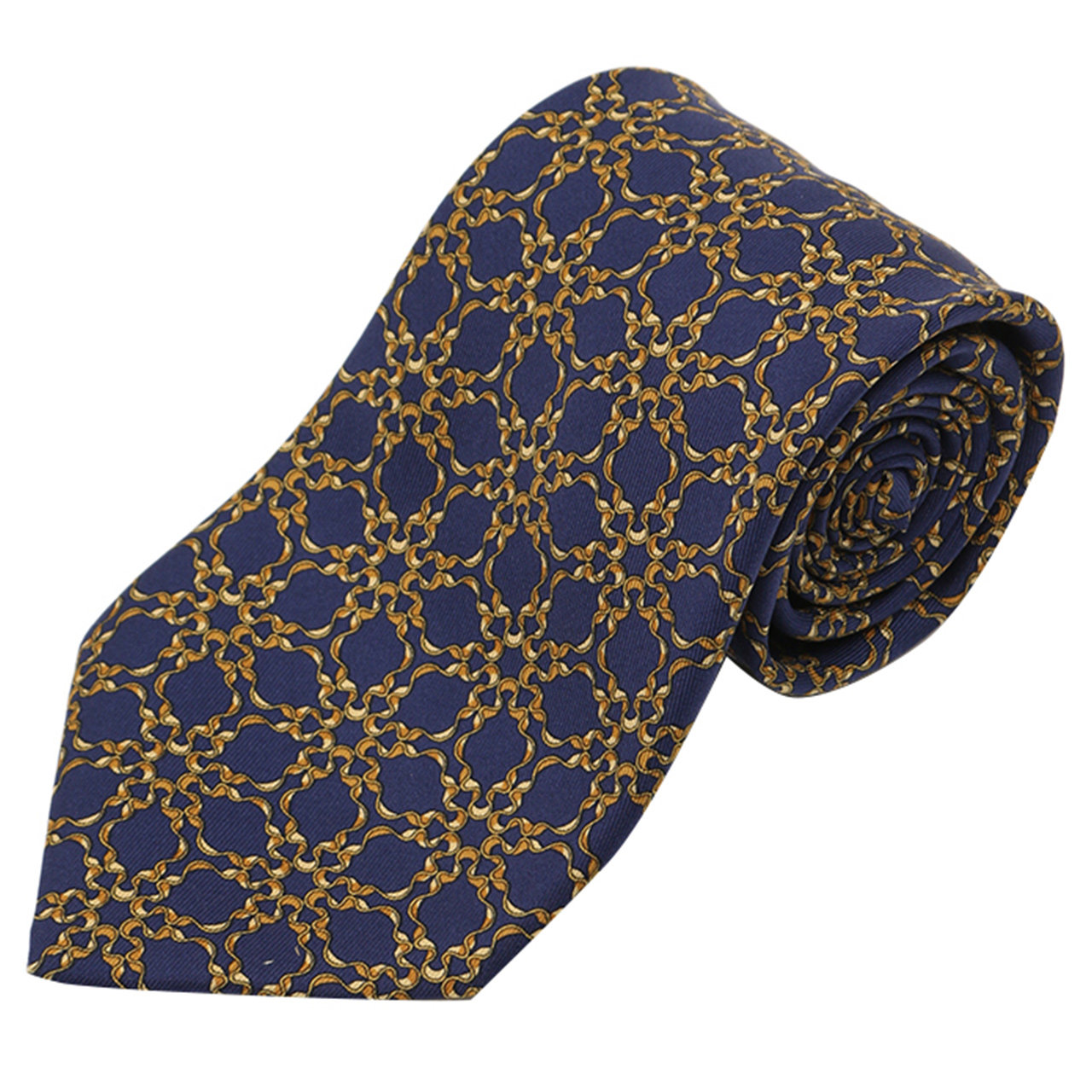 [9.5新]爱马仕hermes男士领带真丝海军蓝金色花纹188195