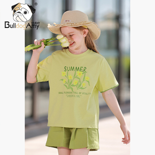 女童绿色T恤2024夏装新款大童装花朵印花圆领上衣小女孩短袖洋气