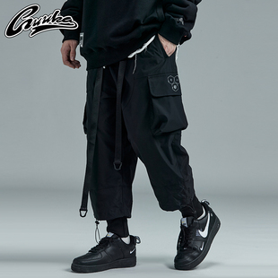 guuka潮牌黑色武士裤男痞帅 学生嘻哈运动织带假两件束脚裤子宽松