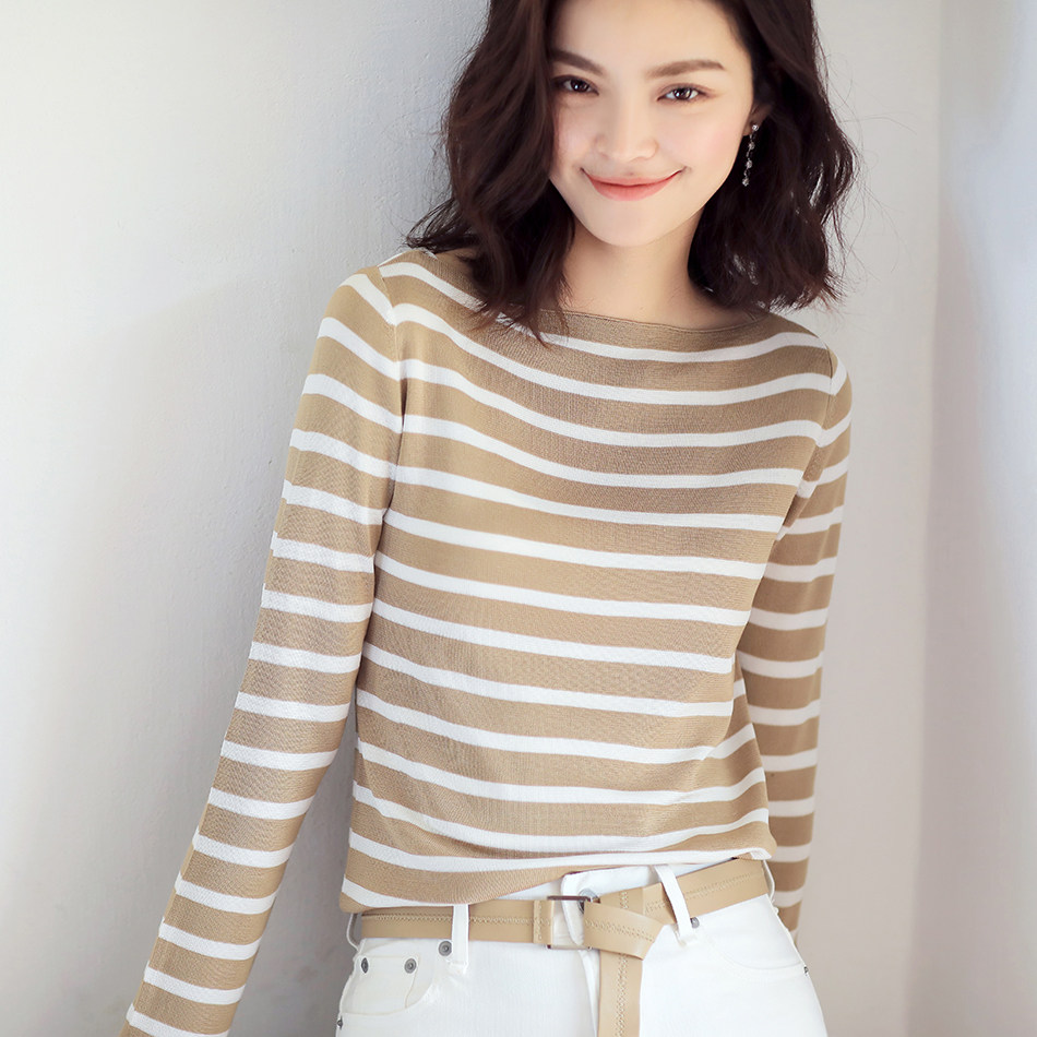 醋酸针织 四平针条纹 一字圆领长袖针织衫上衣女 快乐123