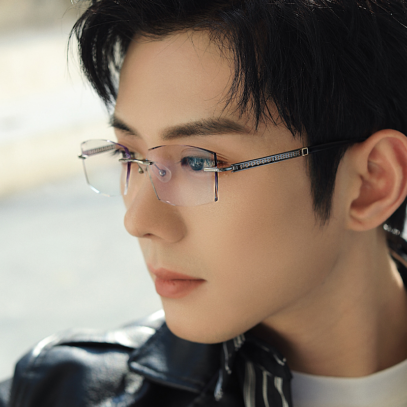 无框近视眼镜男潮可定制度数高散变色钻石切边纯钛商务款眼镜z15