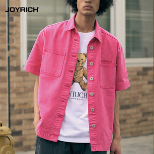 JOYRICH美式复古水洗彩色牛仔廓形工装短袖polo领衬衫男女春夏新