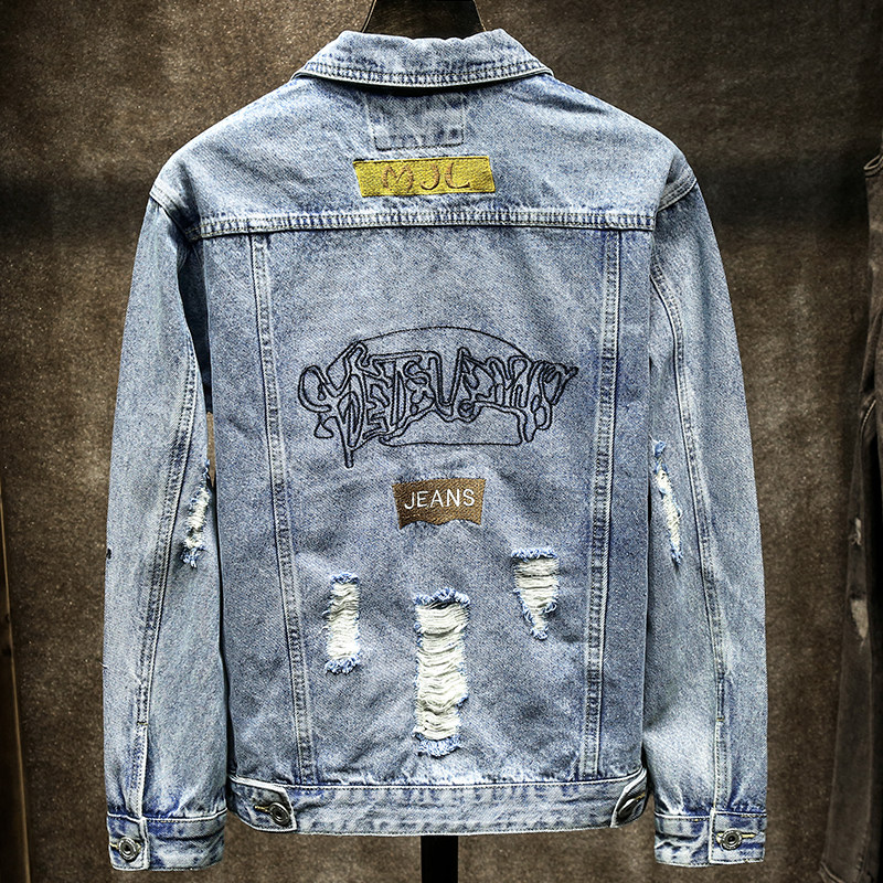 特价乞丐牛仔外套男_浅色乞丐破洞牛仔外套男士夹克刺绣长袖上衣烂洞