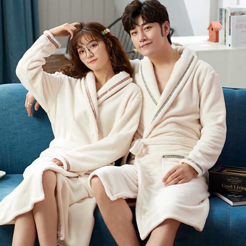 秋冬珊瑚绒浴袍情侣睡衣冬季法兰绒睡袍毛绒男女春秋晨袍浴衣白色