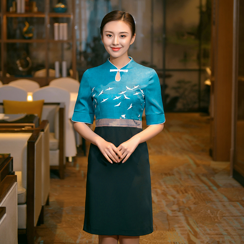 星级酒店服务员工作服女餐饮饭店茶楼中式餐厅员工服装连衣裙夏季