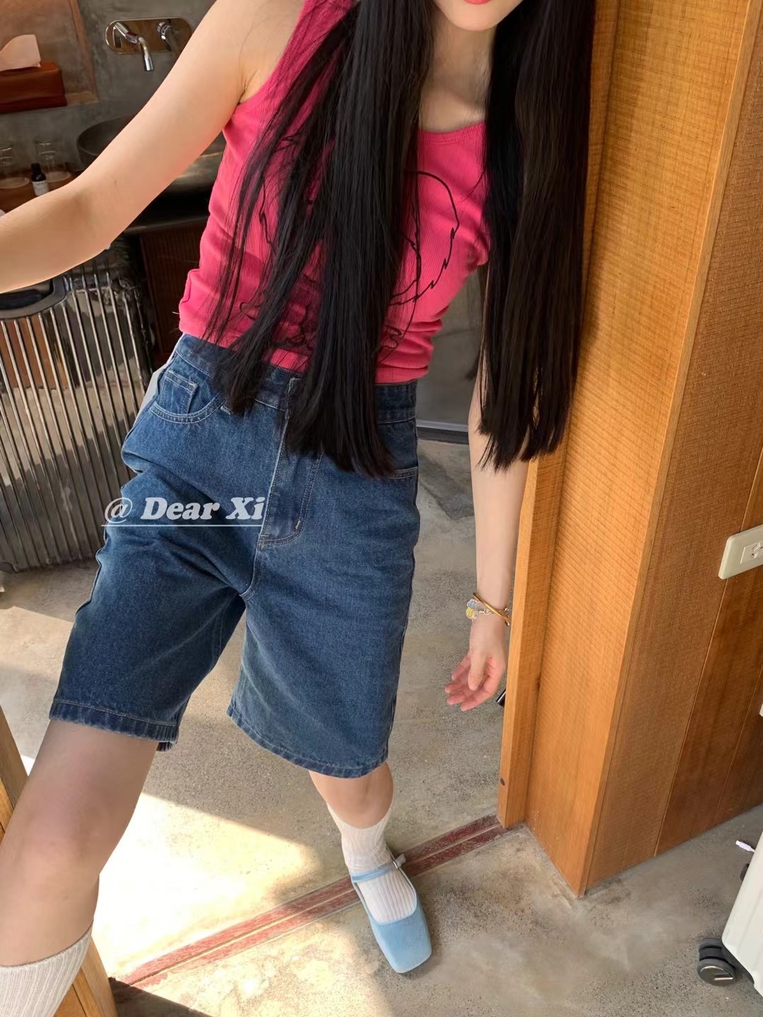 DEAR XI 2024春季韩版新款时尚高腰直筒中裤修身水洗牛仔短裤女