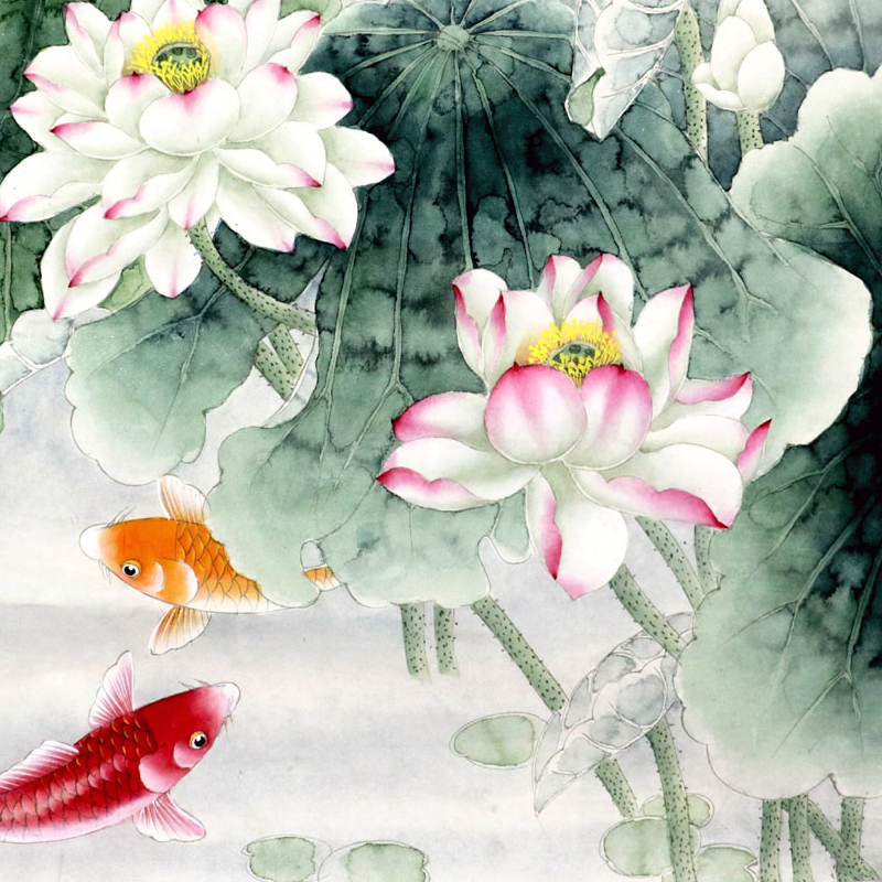 中国美院 王慧莉四尺斗方工笔荷花《鱼乐图》