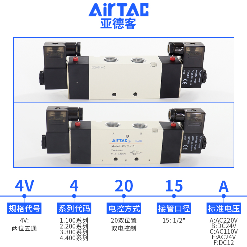 亚德客电磁气动阀4v420-15 控制气阀线圈换向阀电子阀开关双电控