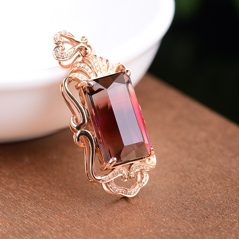 主石重10.28ct西瓜碧玺18k金镶嵌吊坠 配钻 bt-006