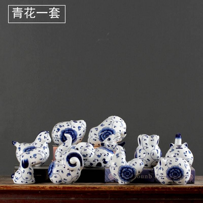 青花瓷粉彩景德镇12十二生肖摆件鼠牛虎兔龙蛇马羊猴鸡狗猪工艺品