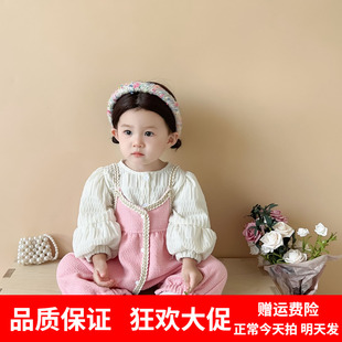 2024春款婴幼儿小香风连体衣套装女宝宝泡泡袖上衣吊带爬服两件套