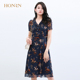 HONRN/红人气质印花雪纺裙子短袖v领修身收腰显瘦a字连衣裙女夏季