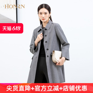 HONRN/红人宽松灰色千鸟格纹翻领休闲羊毛风衣外套中长款女春秋款