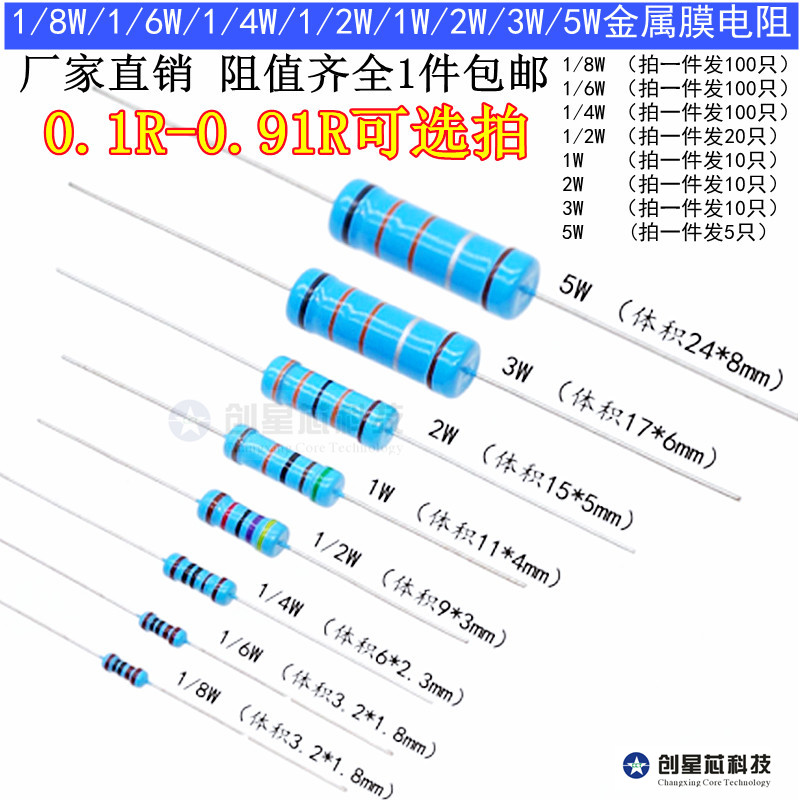 0.1R-0.91R 插件金属膜电阻器欧1/8W/1/6W/1/4W/1/2W/1W/2W/3W/5W