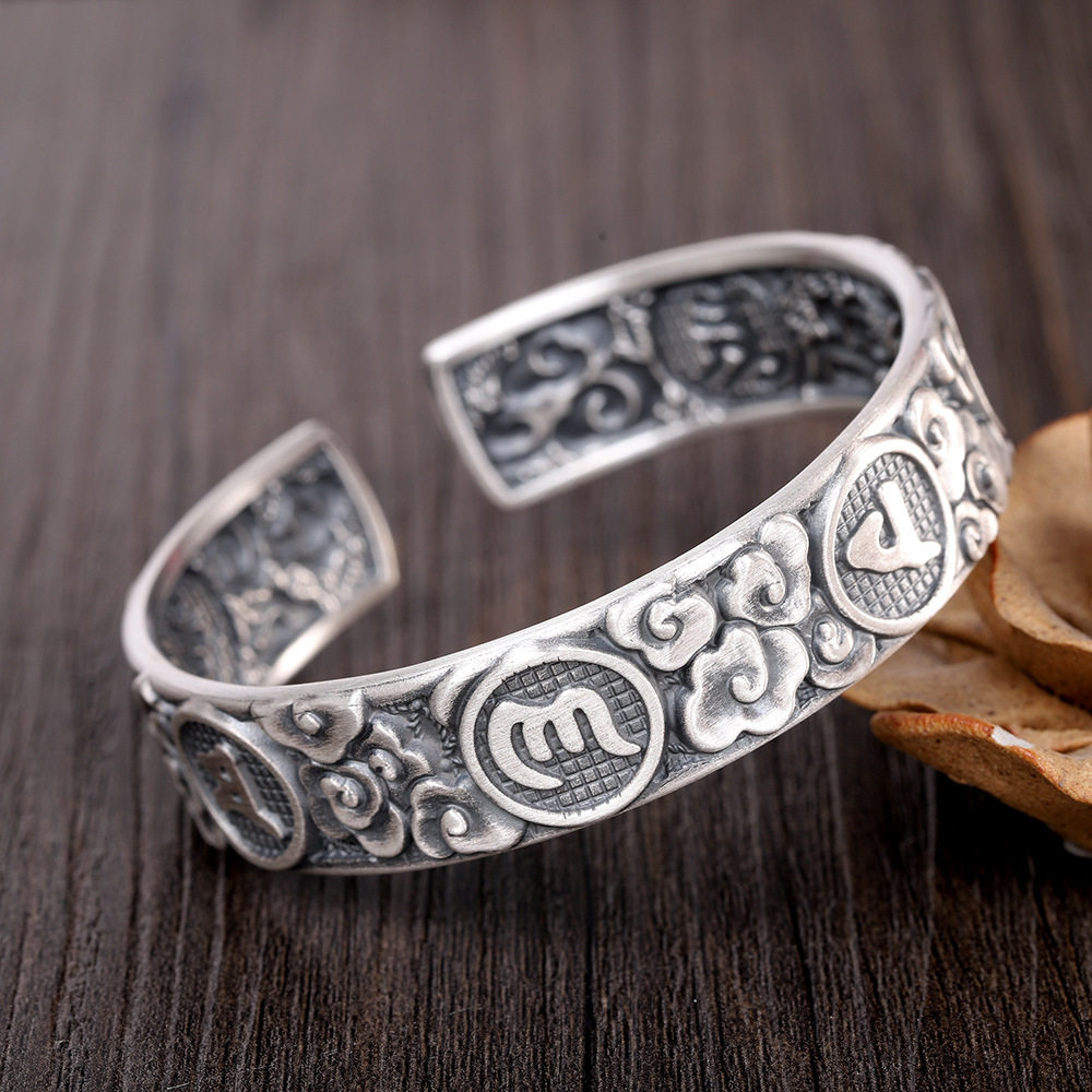 s999足银复古民族风祥云六字真言经文祥瑞护身男女纯银开口手镯环