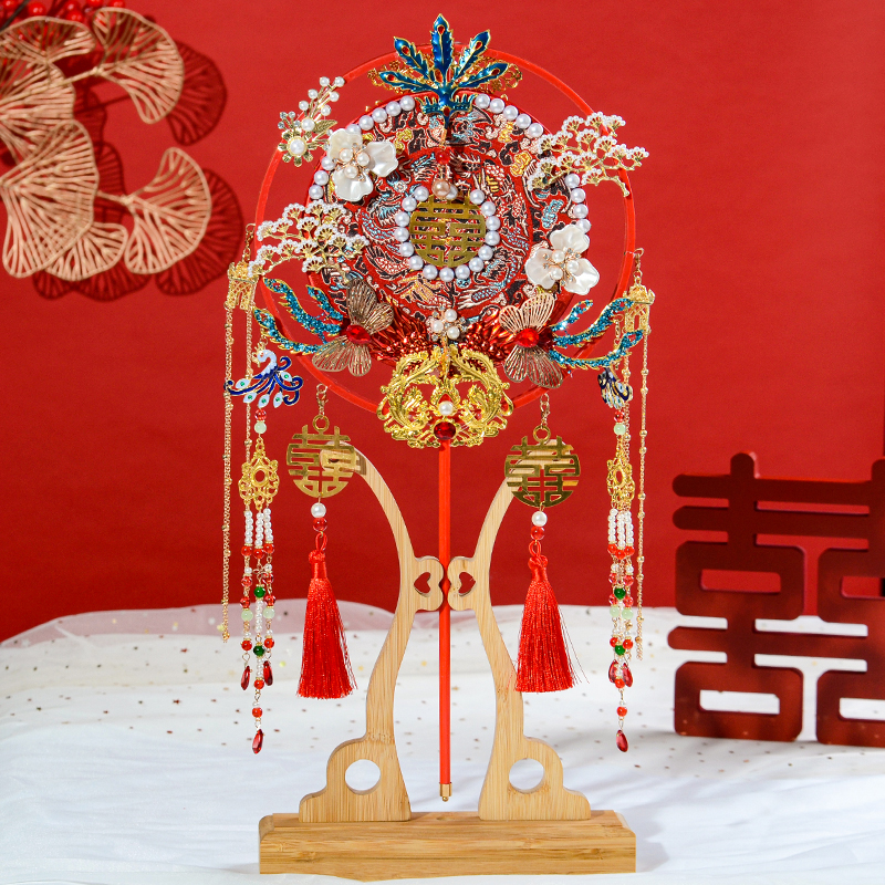 新娘团扇中式国风结婚喜扇饰品 高档手工diy材料包双圈红色秀禾扇