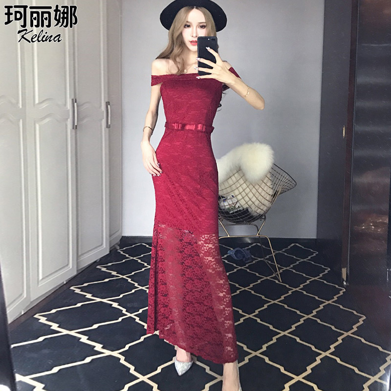 2018新款女装露肩性感一字肩收腰显瘦包臀长裙气质淑女蕾丝连衣裙