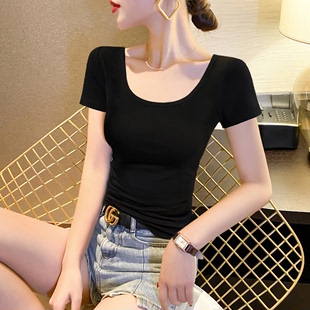 韩国黑色T恤女士短袖U领夏设计感小众紧身低领白色打底衫修身纯棉