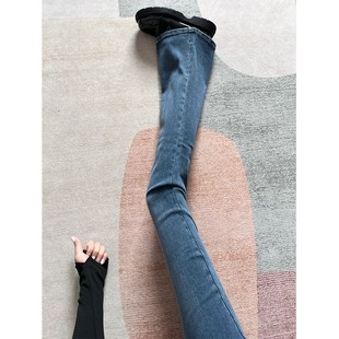 微喇蓝色牛仔裤女2024春季新款高腰修身显瘦弹力直筒喇叭复古长裤