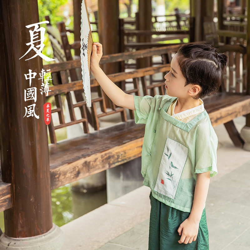 点名册原创夏季汉服儿童短袖高端薄款天丝印花男童T恤国潮复古风