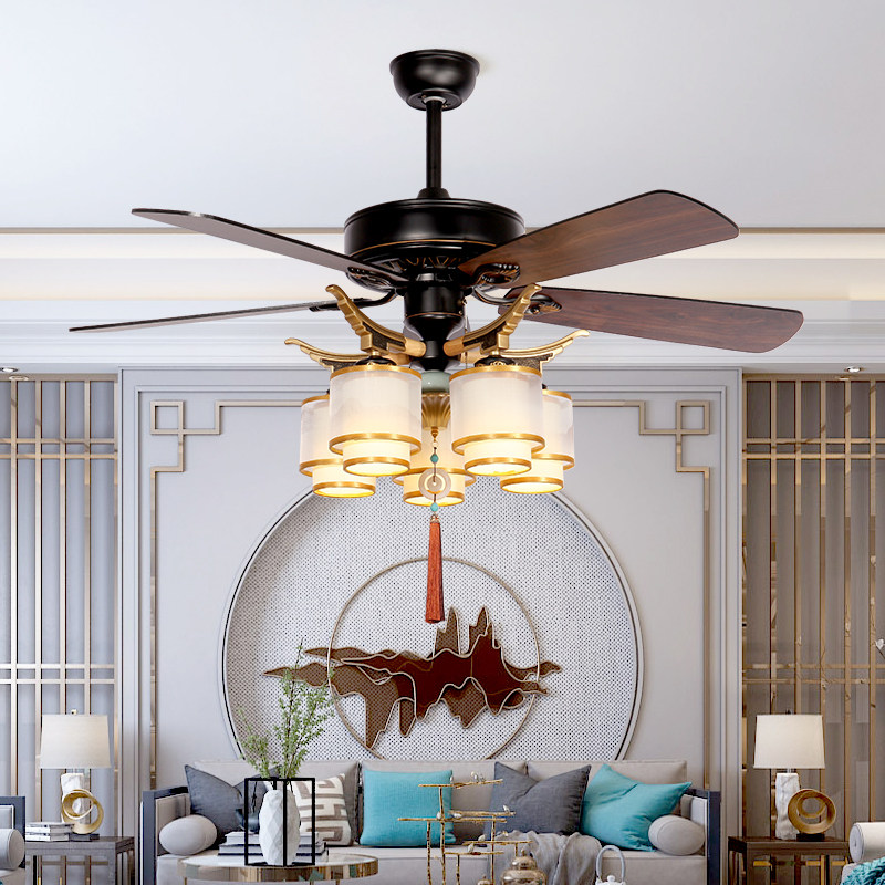 新中式吊扇灯 木叶客厅餐厅灯仿古茶楼风扇灯静音卧室电风扇吊灯