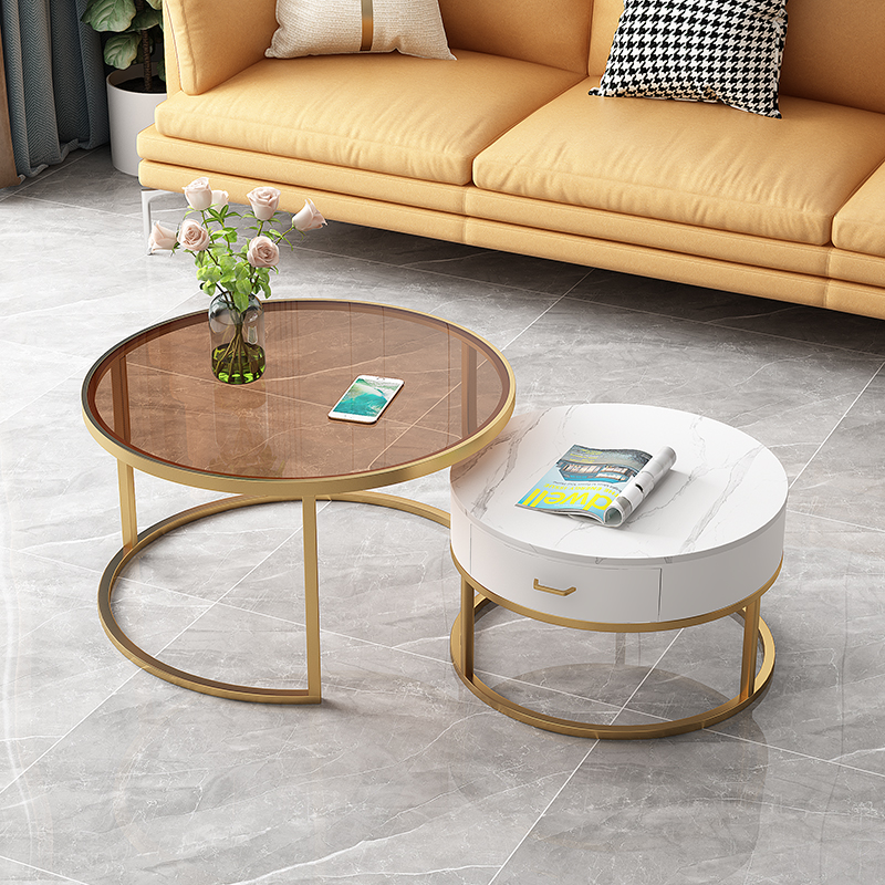 北欧圆形钢化玻璃茶几简约现代小户型岩板茶几桌客厅家用大小组合