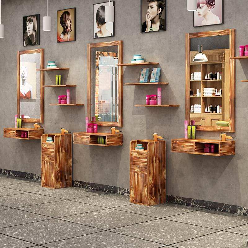 热销发廊镜台_专用镜台单面壁挂式实木复古柜子美发镜子发廊理发店
