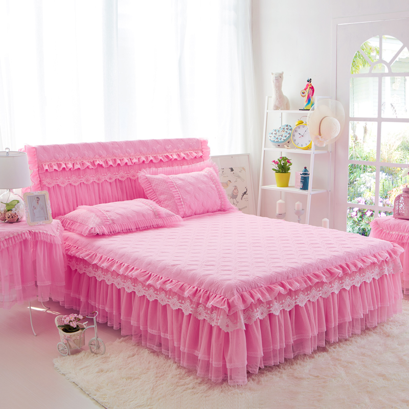 新品韩式床裙三件套加棉床罩床头罩加厚夹棉公主风蕾丝花边粉色床