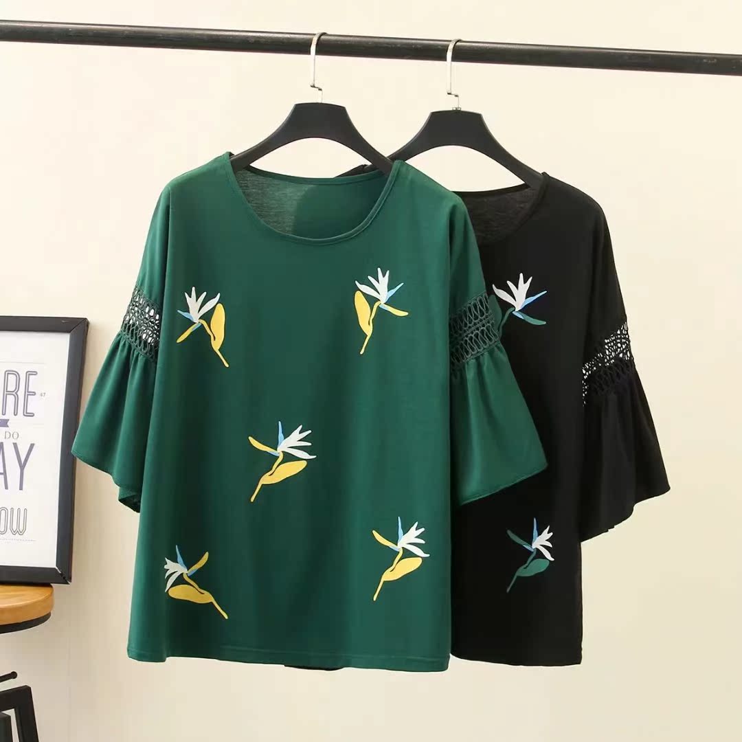 加肥加大码女装中老年19夏季新款喇叭袖树叶印花圆领宽松短袖T恤在类目 女装/女士精品, 大码女装中 - 来自Buy2taobao.com提供专业的淘宝代购服务