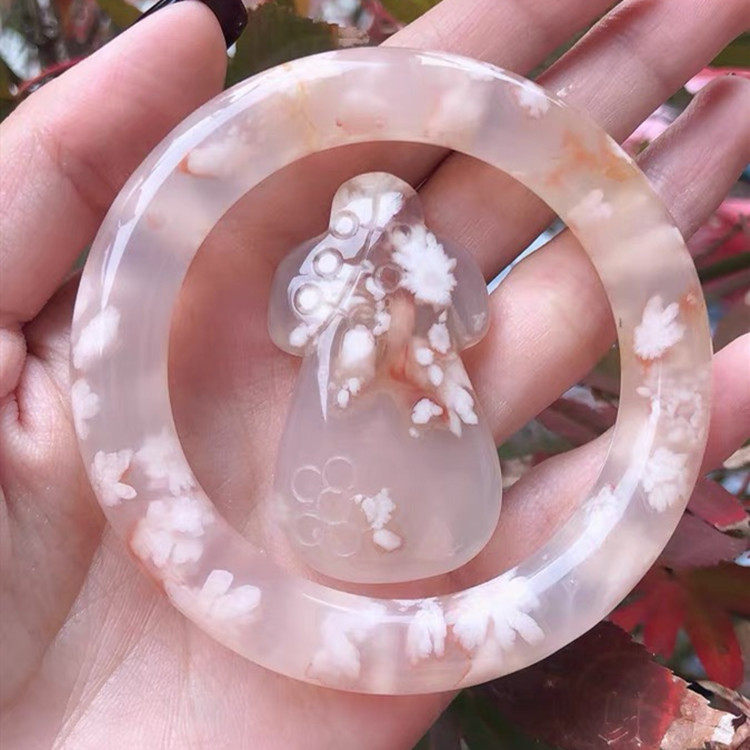 天然樱花玛瑙手镯直播间樱花石水晶高冰冰透飘花女