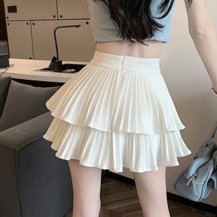 法式白色蓬蓬蛋糕短裙女夏季2024年新款小个子高腰a字百褶半身裙