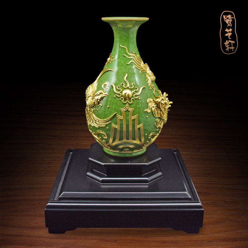 厦门漆线雕龙凤呈祥玉壶春绿花瓶摆件客厅家居装饰乔迁新居礼品